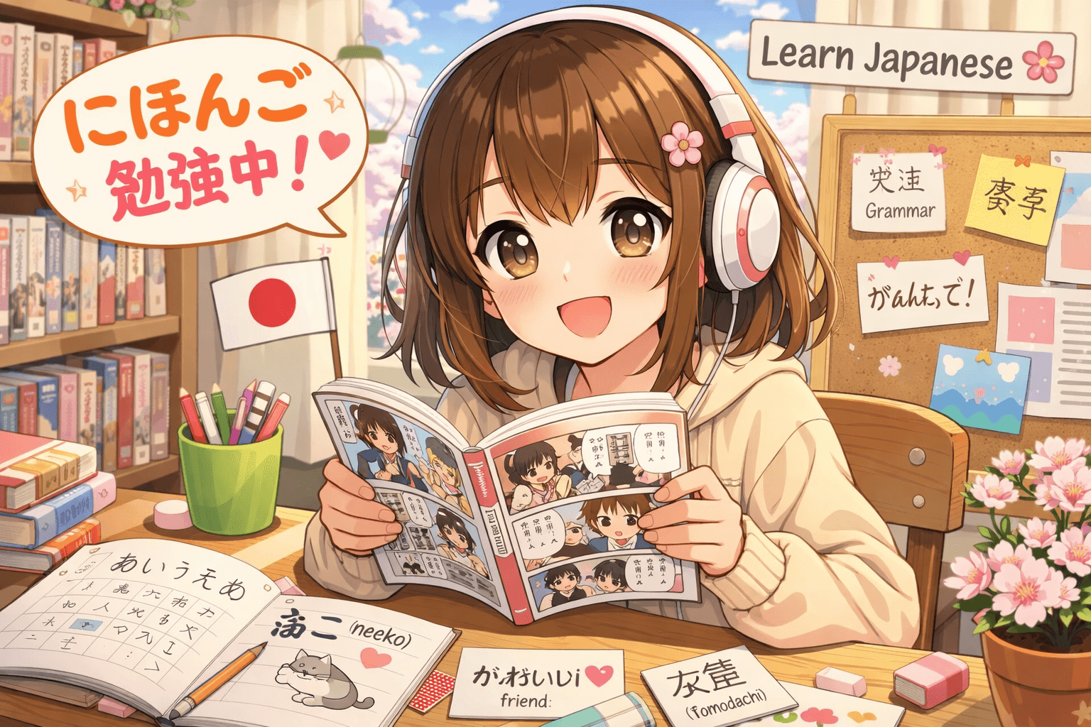 Anime learner reading manga with Japanese study notes.